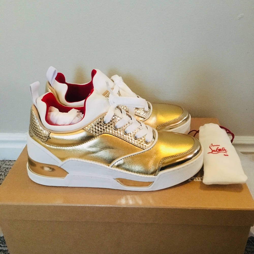 Christian Louboutin Metallic Gold and White Low-Top Sneakers